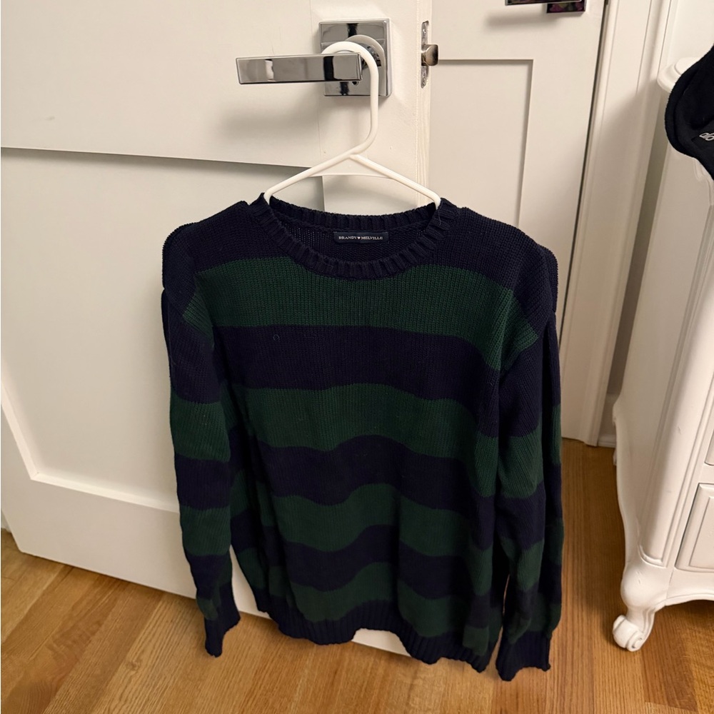 Brandy Melville Navy and Green Striped Crewneck Sweater
